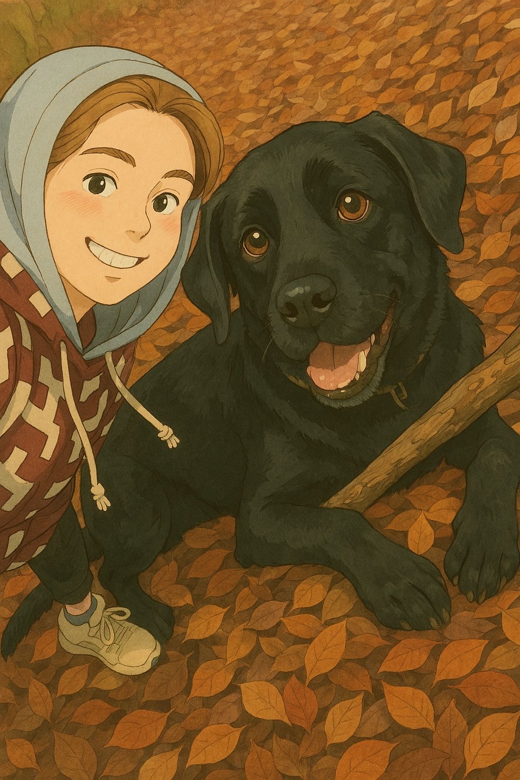 Illustrated portrait of Ielyzaveta with her dog